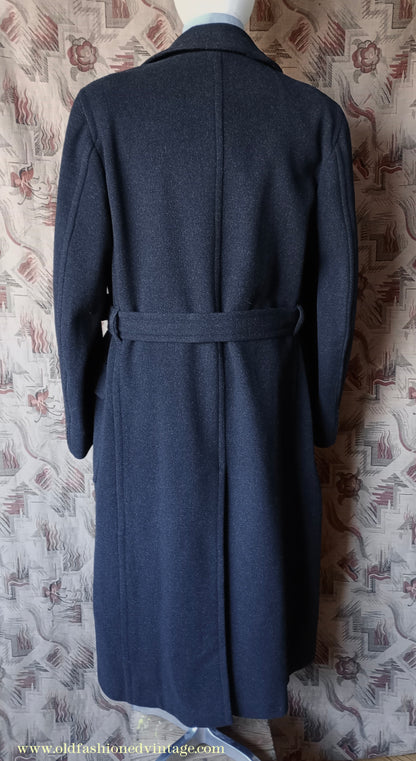 Vintage Mens 1950s Burton Laird Double Breasted Overcoat Coat Dark Charcoal Grey Wool DB Belted XL