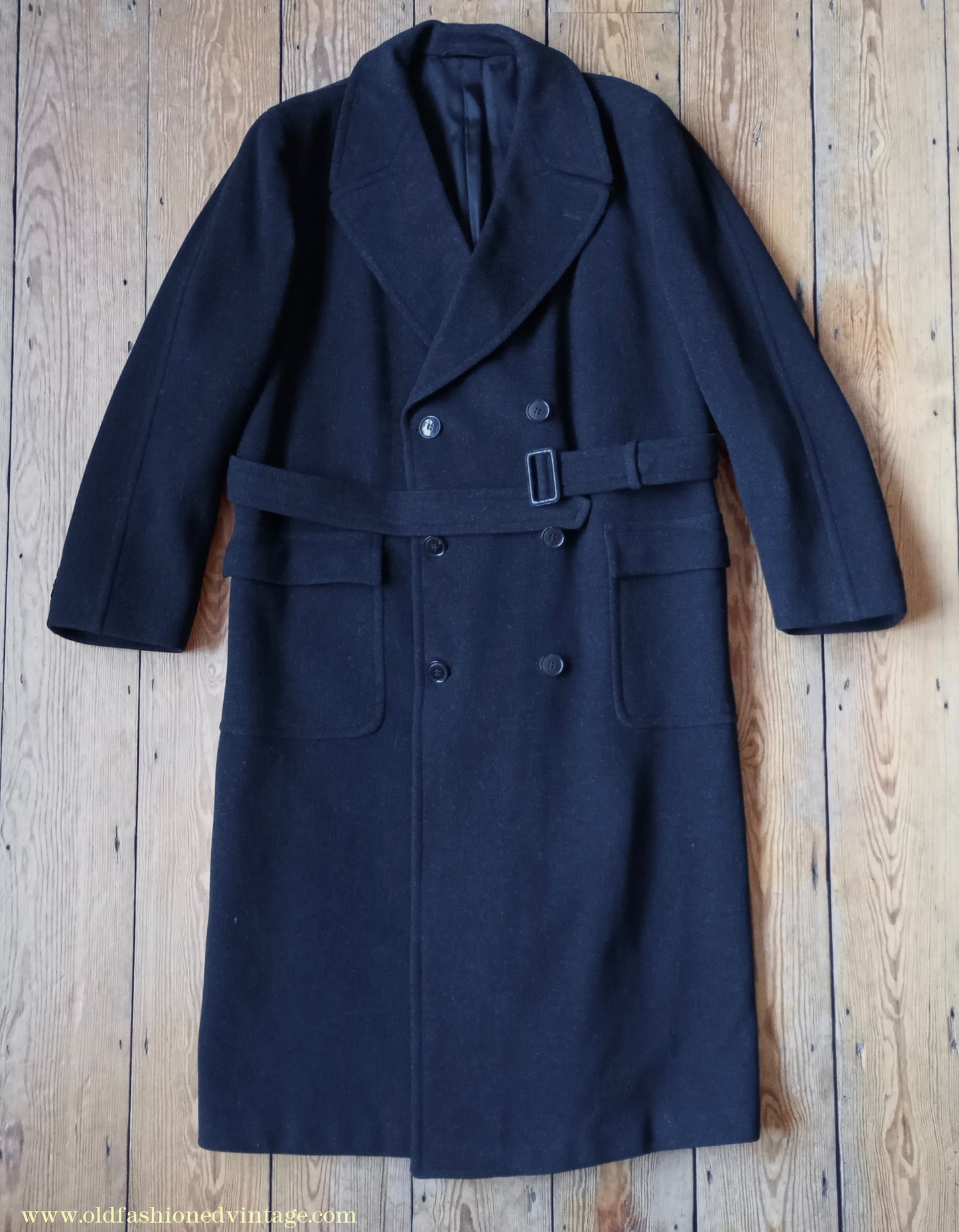 Vintage Mens 1950s Burton Laird Double Breasted Overcoat Coat Dark Charcoal Grey Wool DB Belted XL