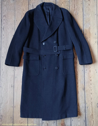 Vintage Mens 1950s Burton Laird Double Breasted Overcoat Coat Dark Charcoal Grey Wool DB Belted XL