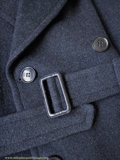 Vintage Mens 1950s Burton Laird Double Breasted Overcoat Coat Dark Charcoal Grey Wool DB Belted XL