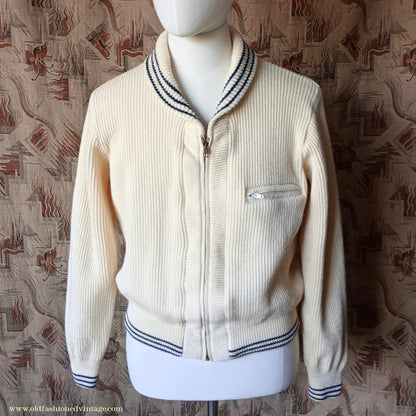 Vintage Mens 1950s Knitted Lumberjacket Zip Up Cardigan Sweater Shawl Collar Cream Wool M