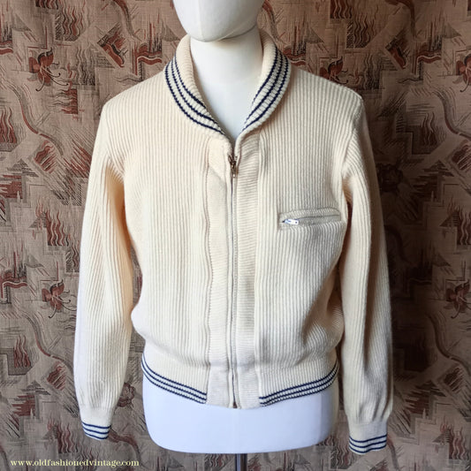 Vintage Mens 1950s Knitted Lumberjacket Zip Up Cardigan Sweater Shawl Collar Cream Wool M