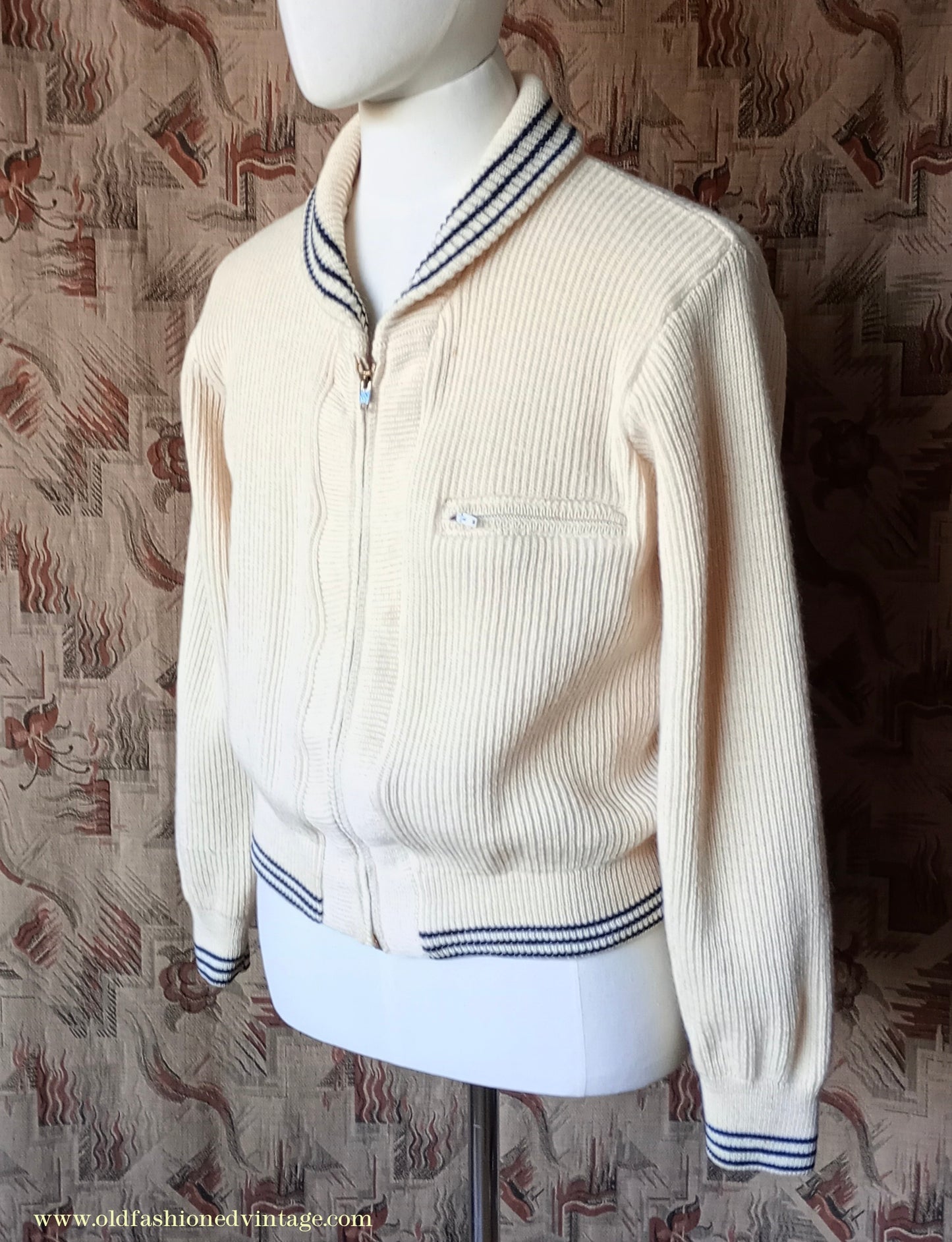 Vintage Mens 1950s Knitted Lumberjacket Zip Up Cardigan Sweater Shawl Collar Cream Wool M