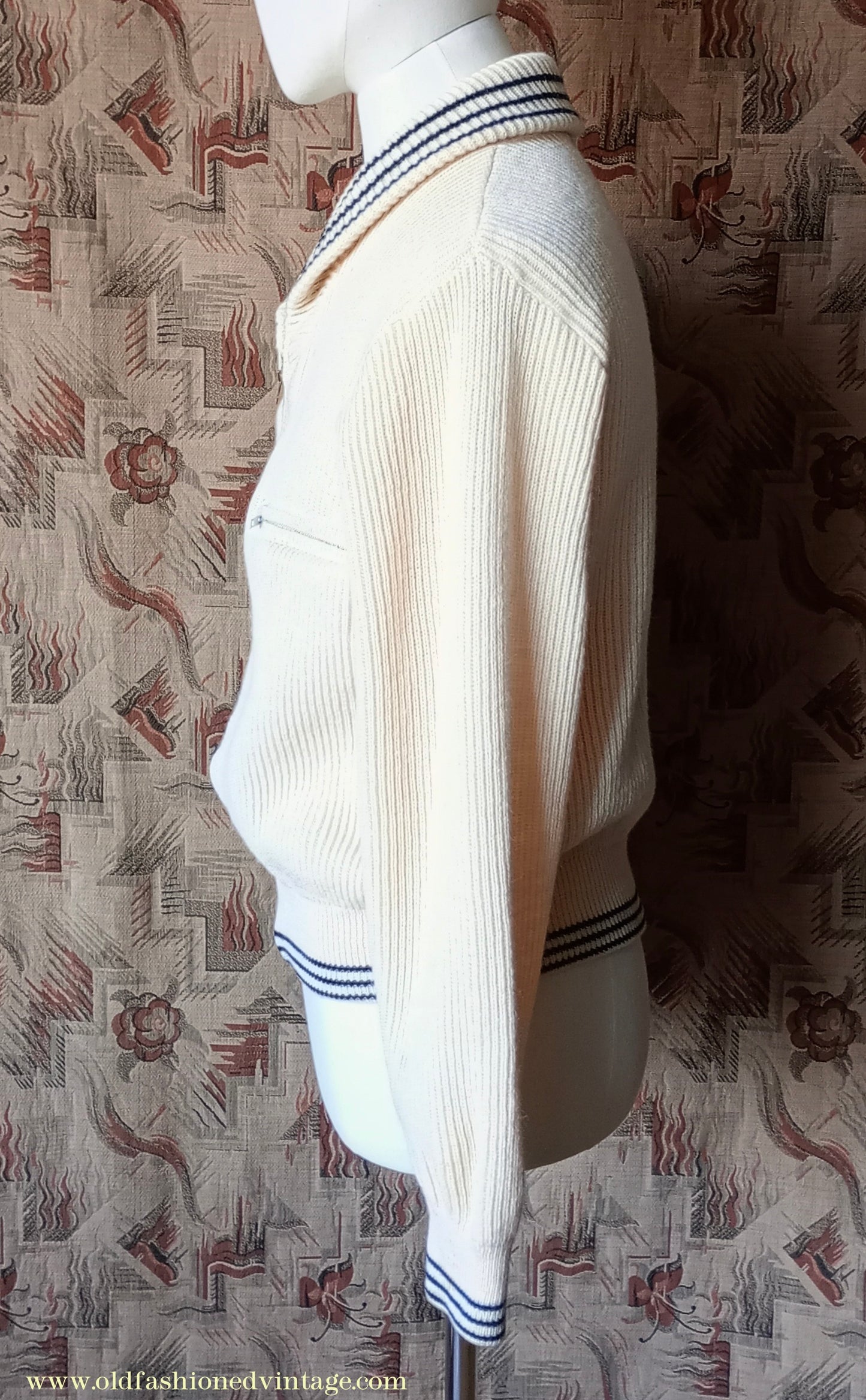 Vintage Mens 1950s Knitted Lumberjacket Zip Up Cardigan Sweater Shawl Collar Cream Wool M