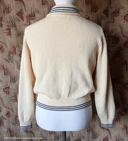 Vintage Mens 1950s Knitted Lumberjacket Zip Up Cardigan Sweater Shawl Collar Cream Wool M