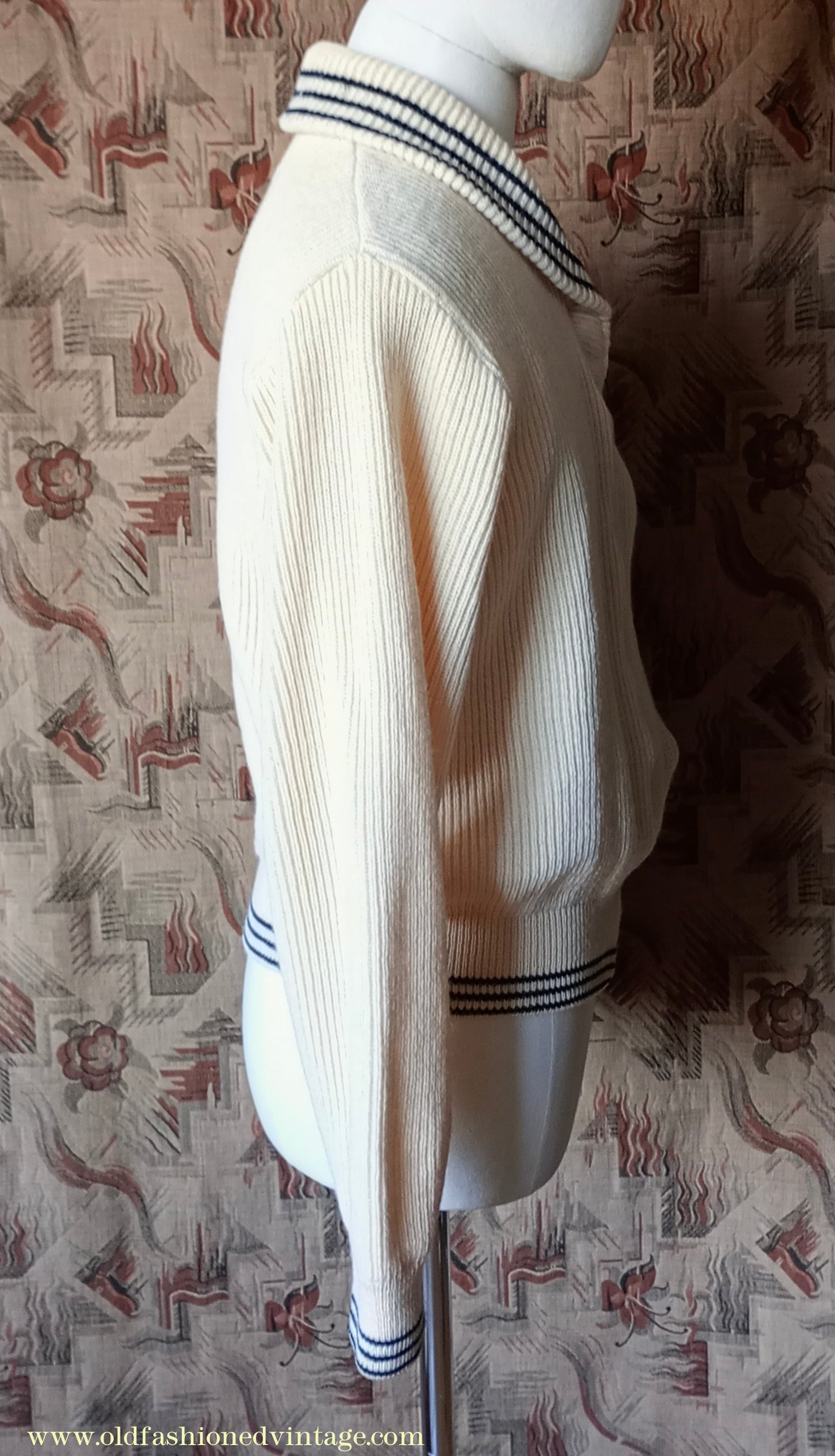 Vintage Mens 1950s Knitted Lumberjacket Zip Up Cardigan Sweater Shawl Collar Cream Wool M
