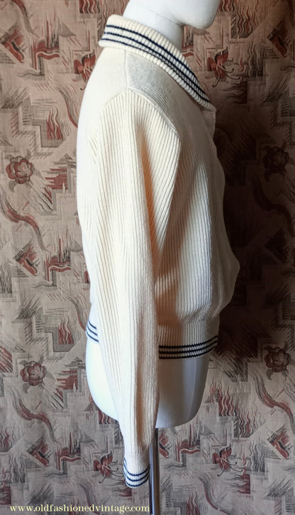 Vintage Mens 1950s Knitted Lumberjacket Zip Up Cardigan Sweater Shawl Collar Cream Wool M