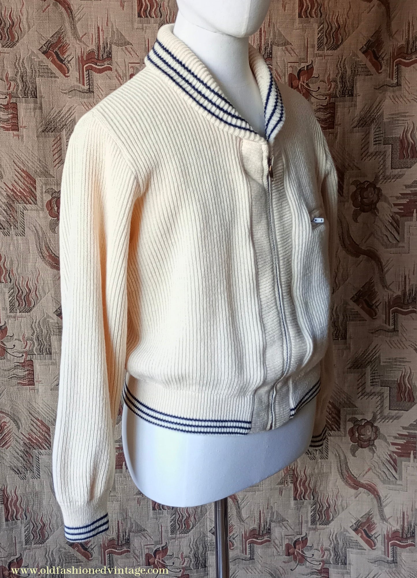 Vintage Mens 1950s Knitted Lumberjacket Zip Up Cardigan Sweater Shawl Collar Cream Wool M
