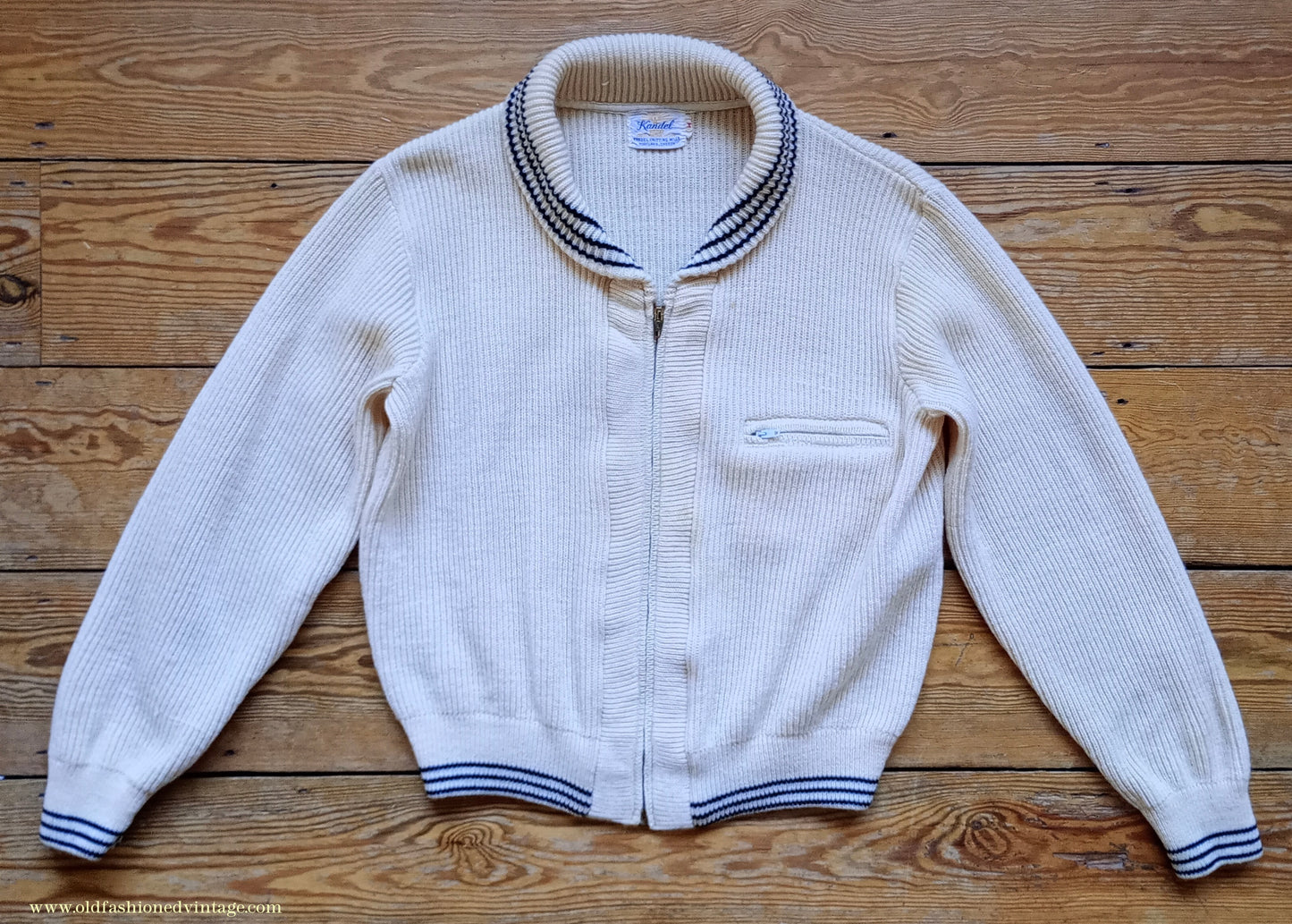 Vintage Mens 1950s Knitted Lumberjacket Zip Up Cardigan Sweater Shawl Collar Cream Wool M