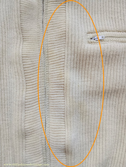 Vintage Mens 1950s Knitted Lumberjacket Zip Up Cardigan Sweater Shawl Collar Cream Wool M