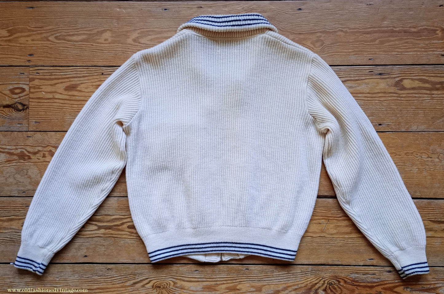 Vintage Mens 1950s Knitted Lumberjacket Zip Up Cardigan Sweater Shawl Collar Cream Wool M