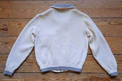 Vintage Mens 1950s Knitted Lumberjacket Zip Up Cardigan Sweater Shawl Collar Cream Wool M