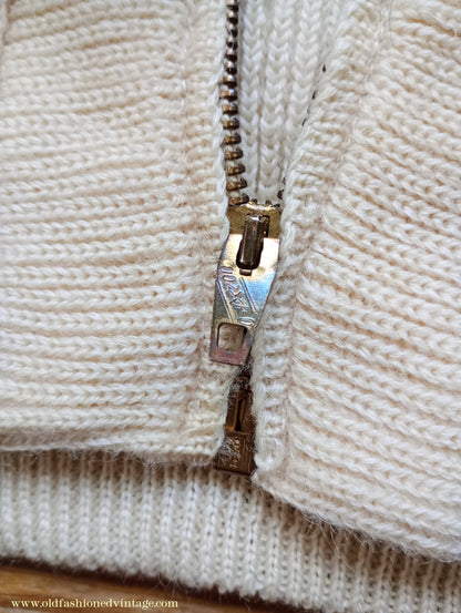 Vintage Mens 1950s Knitted Lumberjacket Zip Up Cardigan Sweater Shawl Collar Cream Wool M