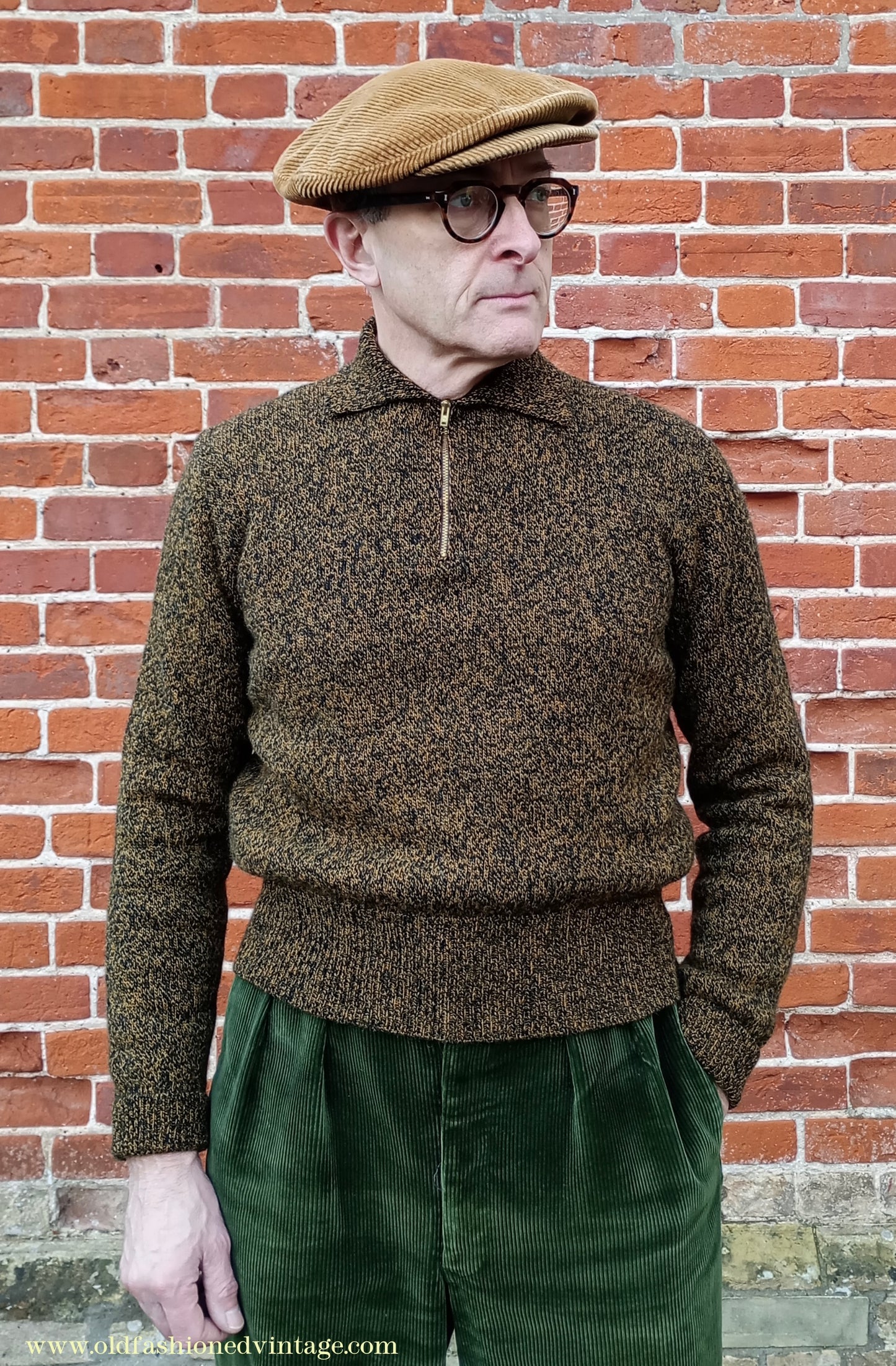 Old Fashioned Garments Vintage Reproduction 1940s Mens Zip Neck Jumper Golden Ochre & Black Marl Polo Collar Sweater Lumberjacket M
