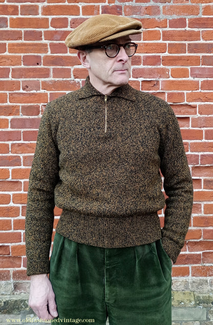 Old Fashioned Garments Vintage Reproduction 1940s Mens Zip Neck Jumper Golden Ochre & Black Marl Polo Collar Sweater Lumberjacket M