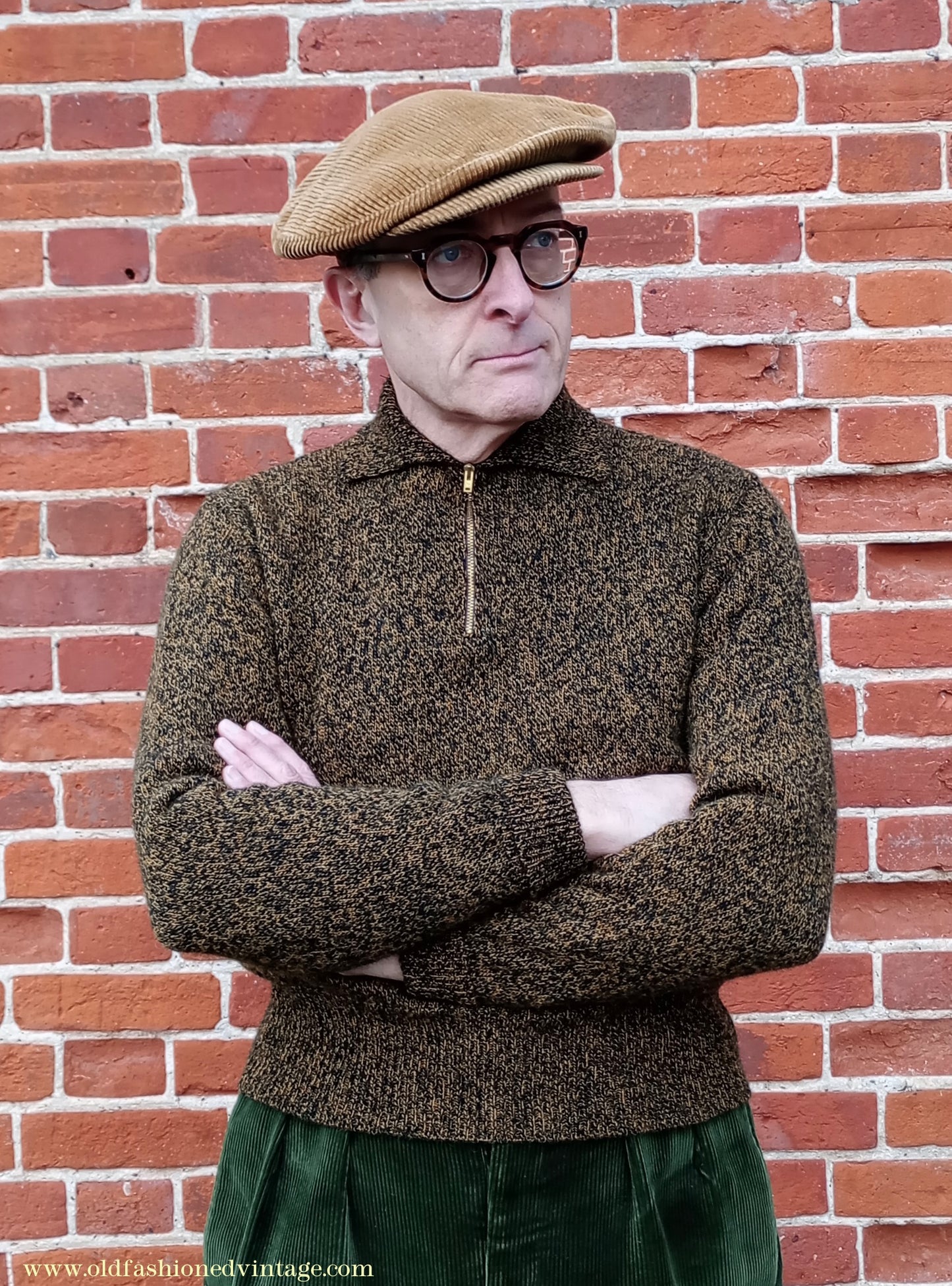 Old Fashioned Garments Vintage Reproduction 1940s Mens Zip Neck Jumper Golden Ochre & Black Marl Polo Collar Sweater Lumberjacket M