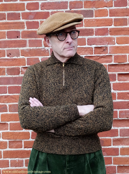 Old Fashioned Garments Vintage Reproduction 1940s Mens Zip Neck Jumper Golden Ochre & Black Marl Polo Collar Sweater Lumberjacket M