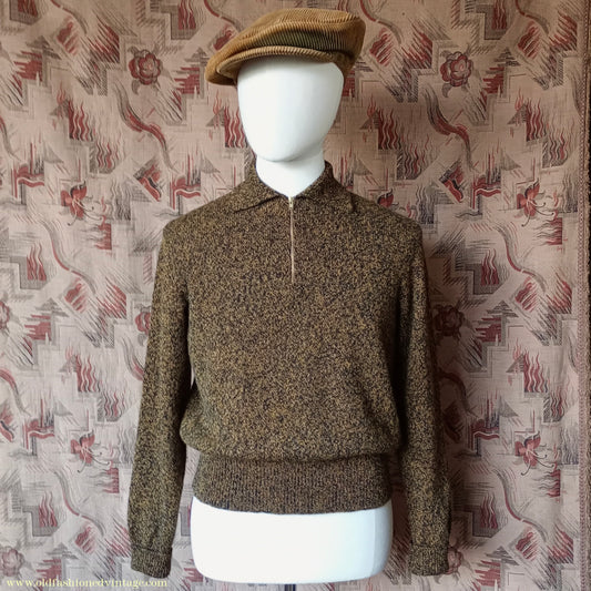 Old Fashioned Garments Vintage Reproduction 1940s Mens Zip Neck Jumper Golden Ochre & Black Marl Polo Collar Sweater Lumberjacket M