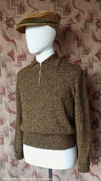 Old Fashioned Garments Vintage Reproduction 1940s Mens Zip Neck Jumper Golden Ochre & Black Marl Polo Collar Sweater Lumberjacket M