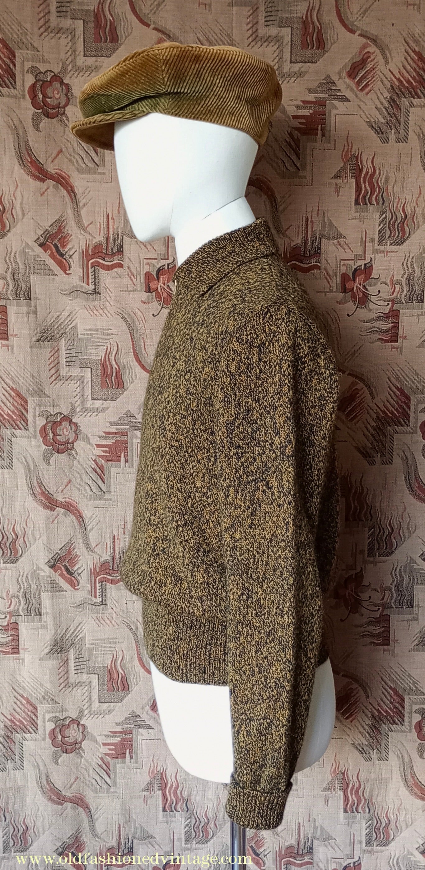 Old Fashioned Garments Vintage Reproduction 1940s Mens Zip Neck Jumper Golden Ochre & Black Marl Polo Collar Sweater Lumberjacket M