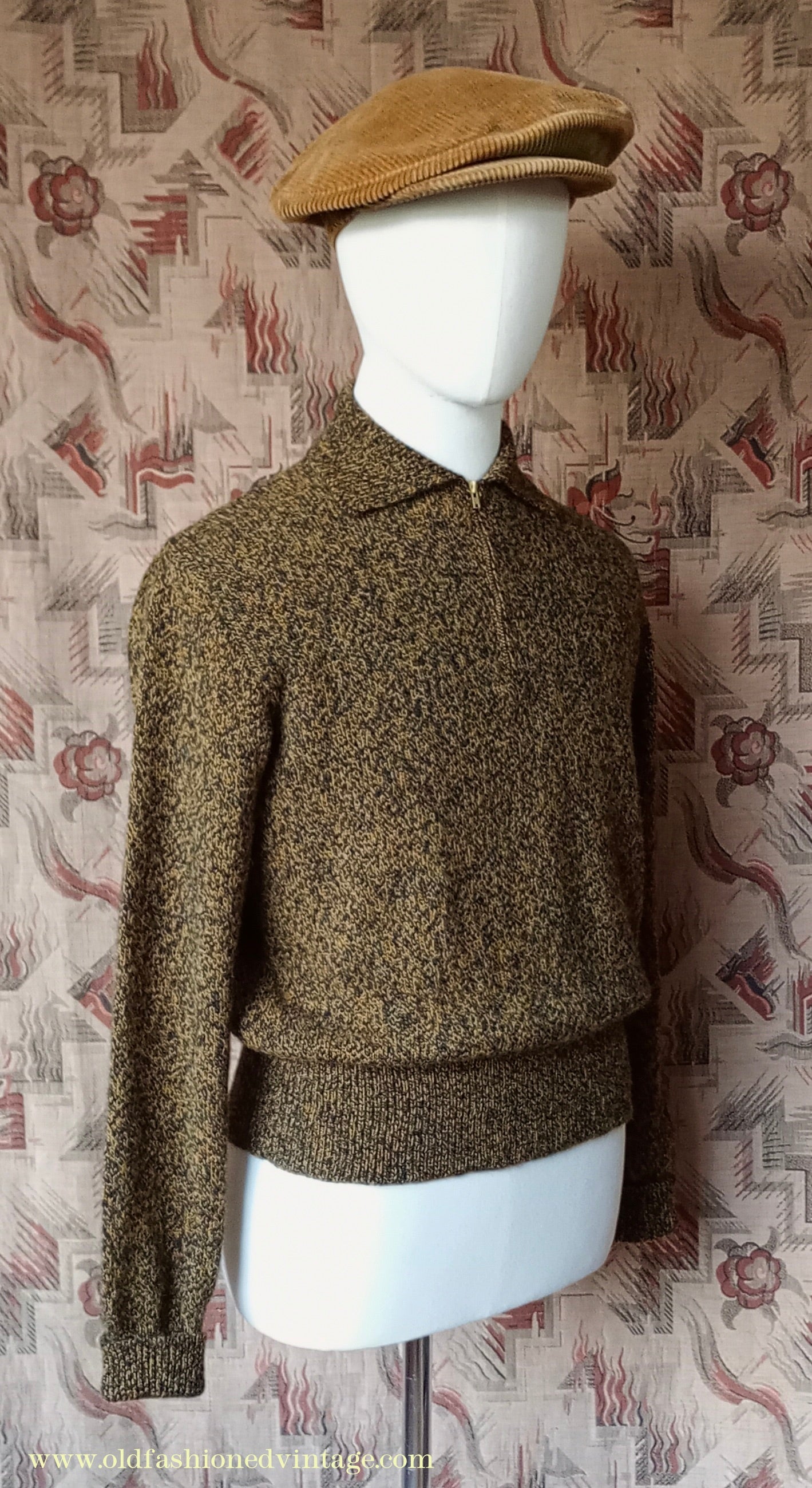 Old Fashioned Garments Vintage Reproduction 1940s Mens Zip Neck Jumper Golden Ochre & Black Marl Polo Collar Sweater Lumberjacket M