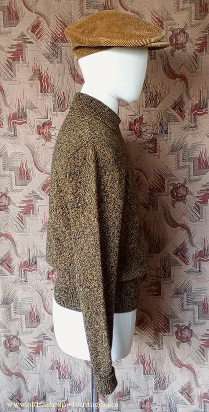 Old Fashioned Garments Vintage Reproduction 1940s Mens Zip Neck Jumper Golden Ochre & Black Marl Polo Collar Sweater Lumberjacket M