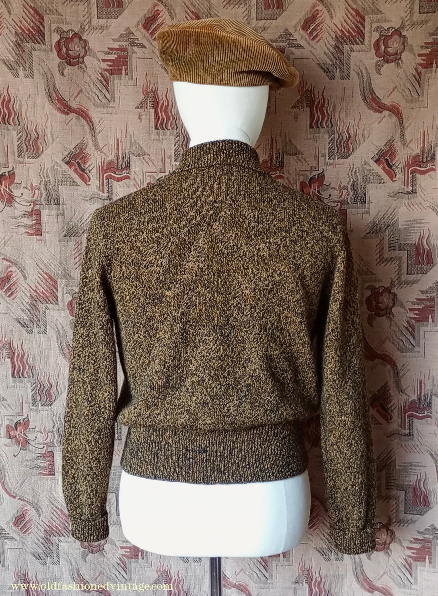 Old Fashioned Garments Vintage Reproduction 1940s Mens Zip Neck Jumper Golden Ochre & Black Marl Polo Collar Sweater Lumberjacket M
