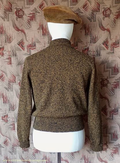 Old Fashioned Garments Vintage Reproduction 1940s Mens Zip Neck Jumper Golden Ochre & Black Marl Polo Collar Sweater Lumberjacket M