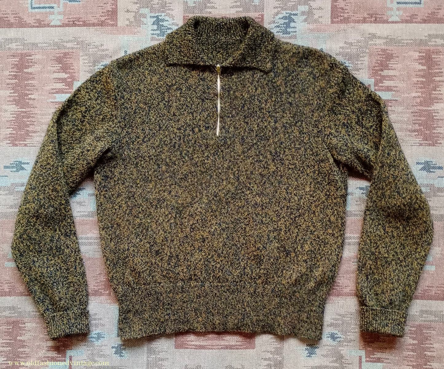 Old Fashioned Garments Vintage Reproduction 1940s Mens Zip Neck Jumper Golden Ochre & Black Marl Polo Collar Sweater Lumberjacket M