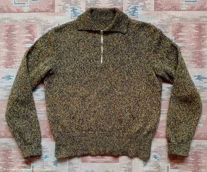 Old Fashioned Garments Vintage Reproduction 1940s Mens Zip Neck Jumper Golden Ochre & Black Marl Polo Collar Sweater Lumberjacket M