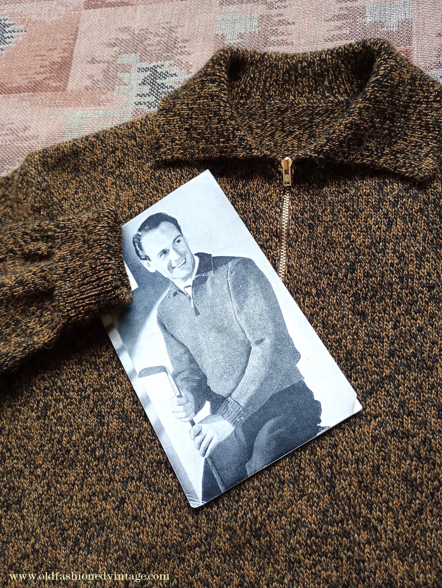 Old Fashioned Garments Vintage Reproduction 1940s Mens Zip Neck Jumper Golden Ochre & Black Marl Polo Collar Sweater Lumberjacket M