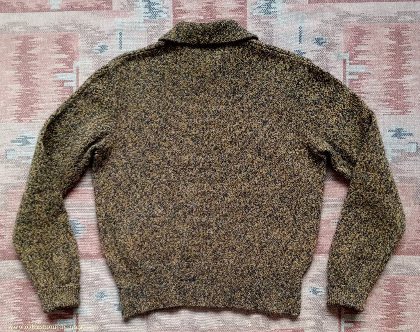 Old Fashioned Garments Vintage Reproduction 1940s Mens Zip Neck Jumper Golden Ochre & Black Marl Polo Collar Sweater Lumberjacket M