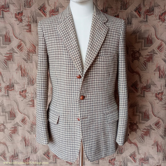 Vintage Mens 1950s Harris Tweed Sports Jacket Green Brown Beige Houndstooth Shepherd Check 37"