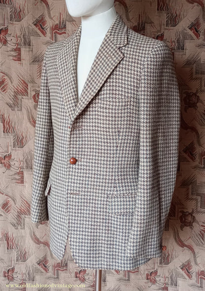 Vintage Mens 1950s Harris Tweed Sports Jacket Green Brown Beige Houndstooth Shepherd Check 37"