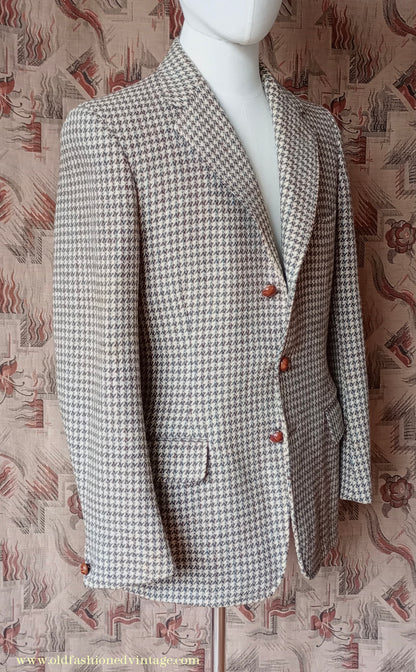 Vintage Mens 1950s Harris Tweed Sports Jacket Green Brown Beige Houndstooth Shepherd Check 37"