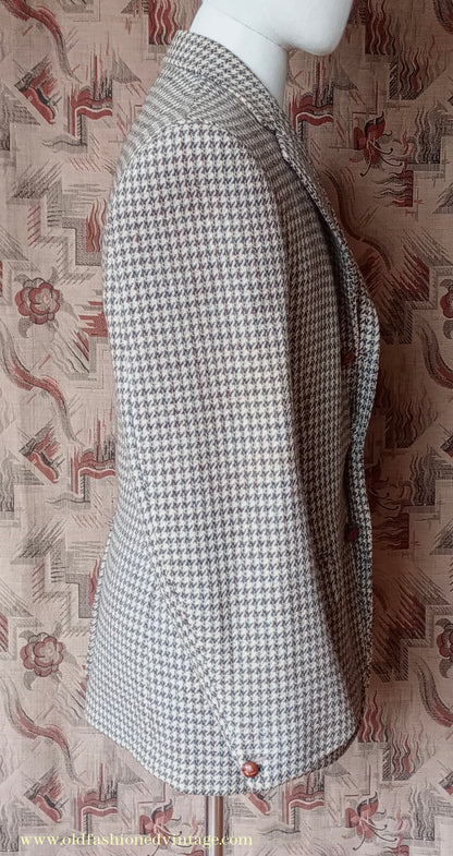 Vintage Mens 1950s Harris Tweed Sports Jacket Green Brown Beige Houndstooth Shepherd Check 37"