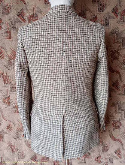 Vintage Mens 1950s Harris Tweed Sports Jacket Green Brown Beige Houndstooth Shepherd Check 37"
