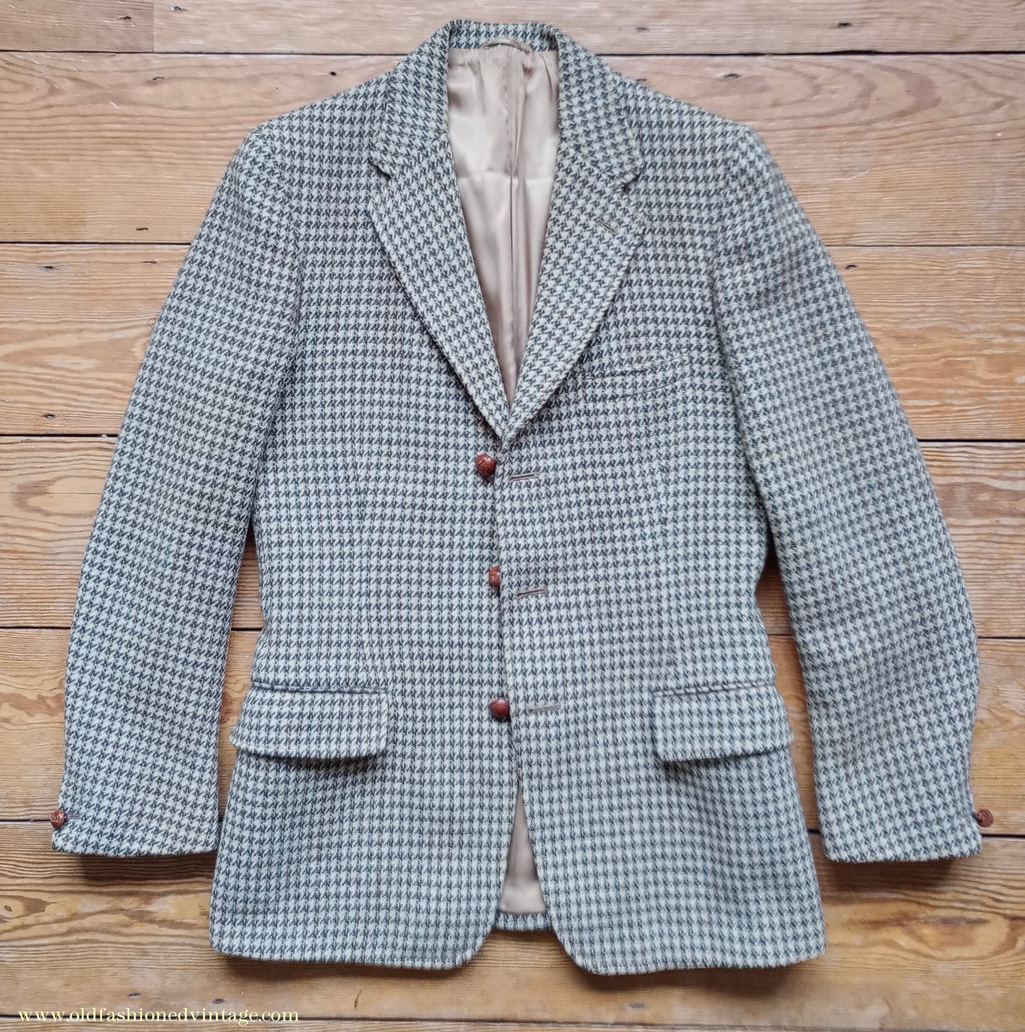 Vintage Mens 1950s Harris Tweed Sports Jacket Green Brown Beige Houndstooth Shepherd Check 37"