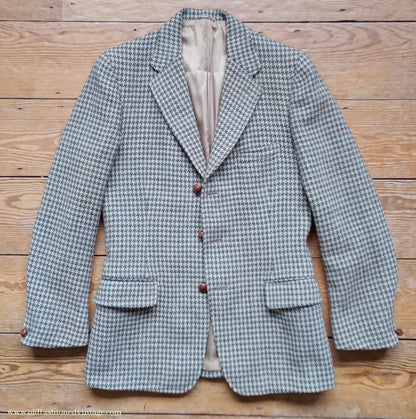 Vintage Mens 1950s Harris Tweed Sports Jacket Green Brown Beige Houndstooth Shepherd Check 37"