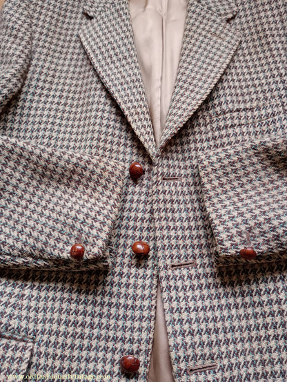 Vintage Mens 1950s Harris Tweed Sports Jacket Green Brown Beige Houndstooth Shepherd Check 37"