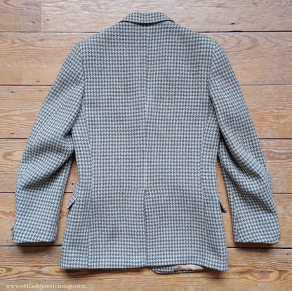 Vintage Mens 1950s Harris Tweed Sports Jacket Green Brown Beige Houndstooth Shepherd Check 37"