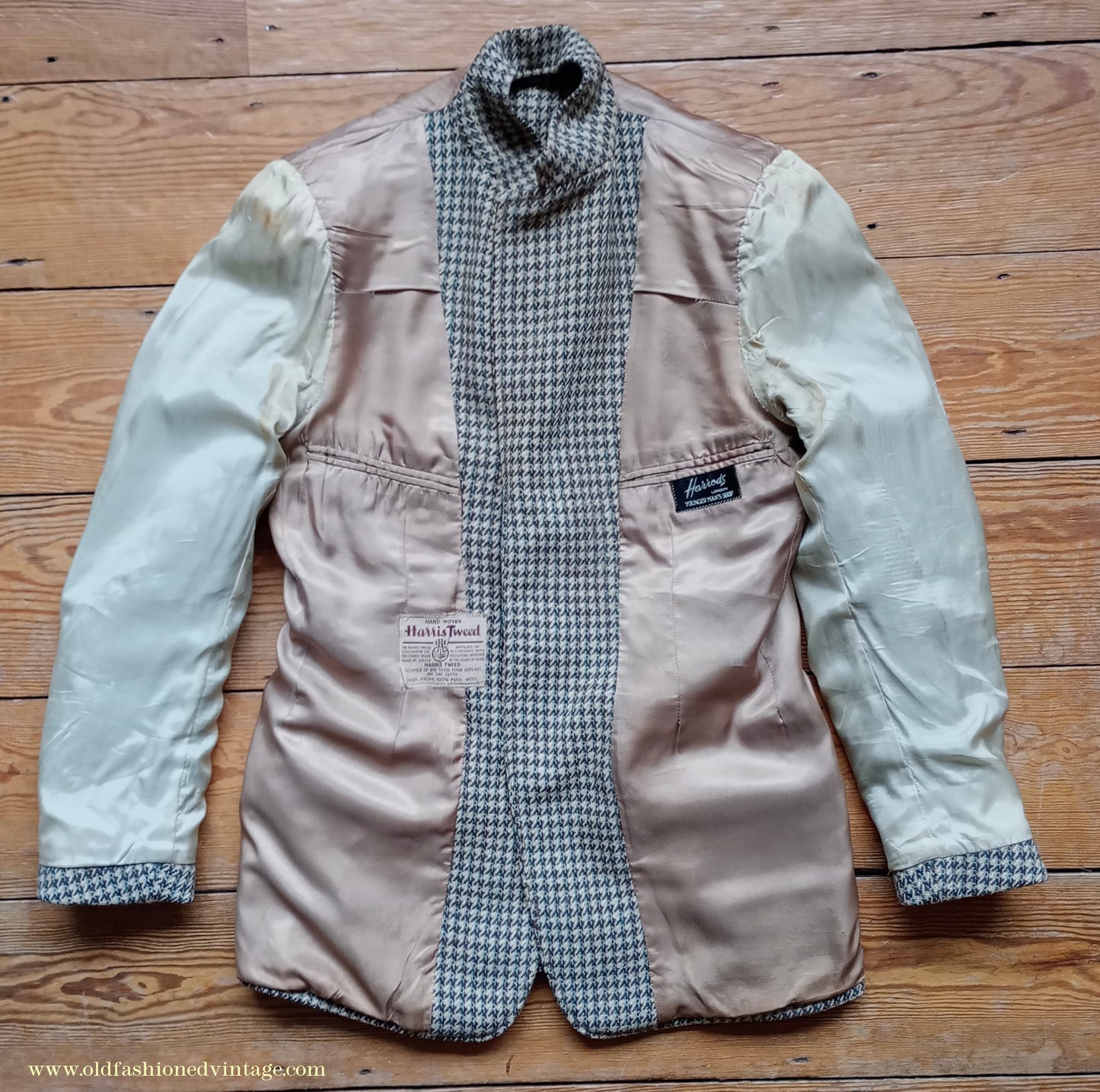 Vintage Mens 1950s Harris Tweed Sports Jacket Green Brown Beige Houndstooth Shepherd Check 37"