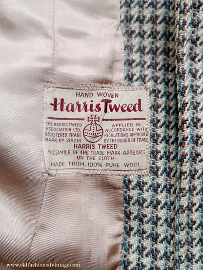 Vintage Mens 1950s Harris Tweed Sports Jacket Green Brown Beige Houndstooth Shepherd Check 37"
