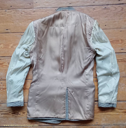 Vintage Mens 1950s Harris Tweed Sports Jacket Green Brown Beige Houndstooth Shepherd Check 37"