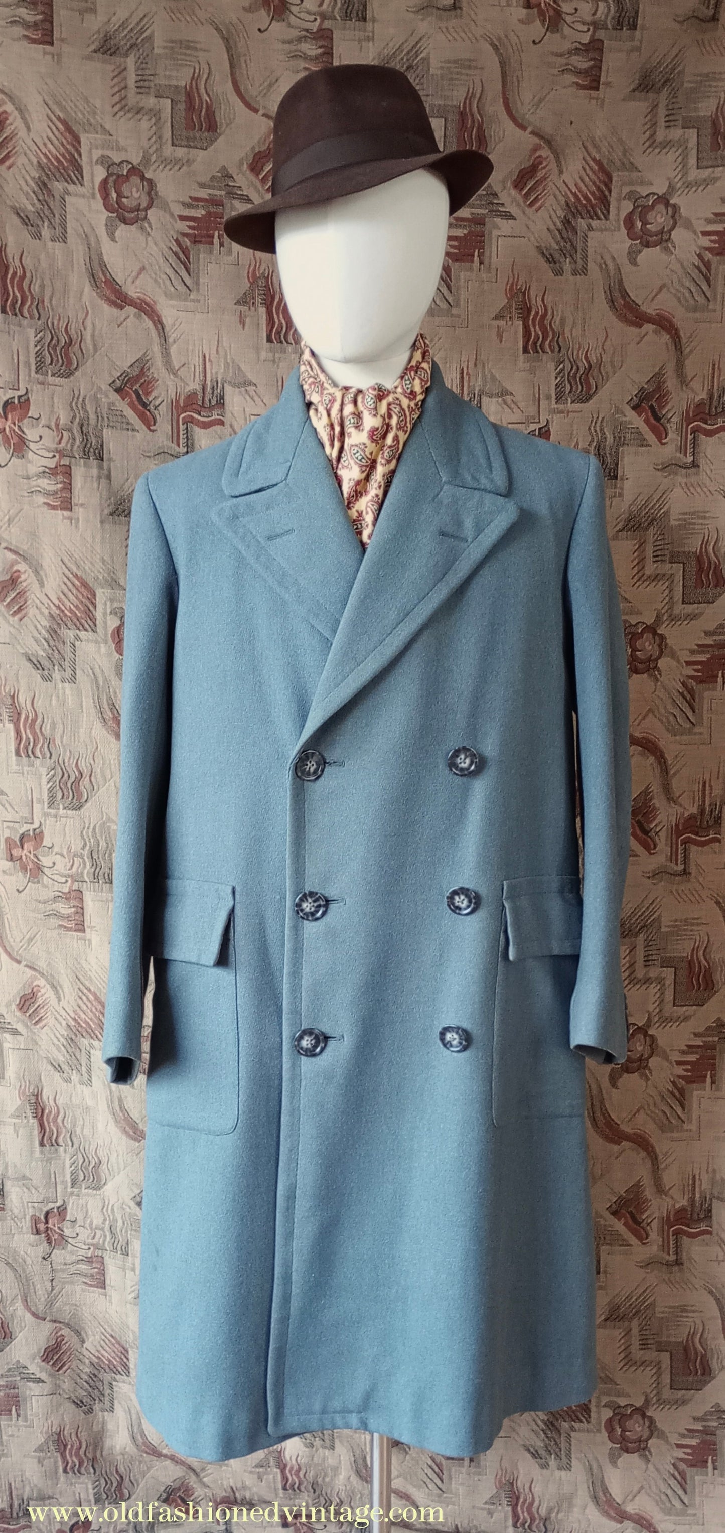 Vintage Mens 1940s 1950s Double Breasted Overcoat Coat Marled Sea Green Blue Wool DB 38"