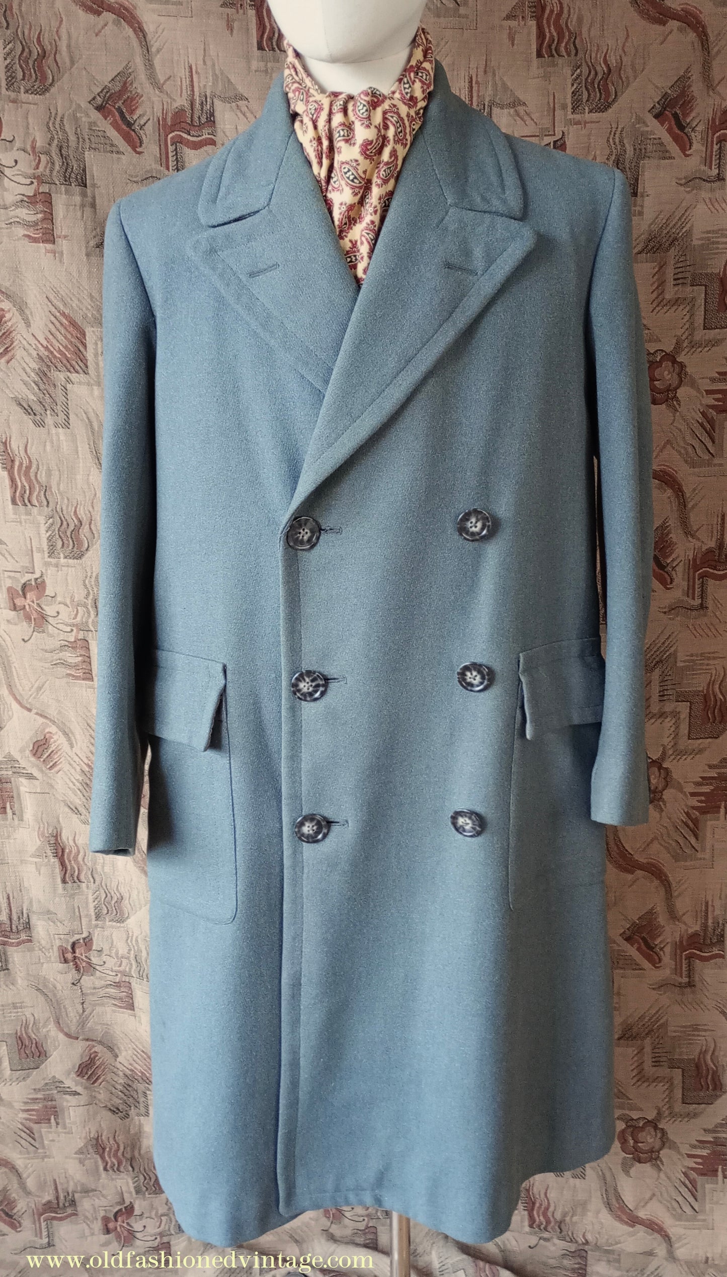 Vintage Mens 1940s 1950s Double Breasted Overcoat Coat Marled Sea Green Blue Wool DB 38"