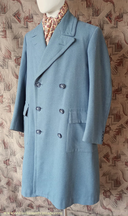 Vintage Mens 1940s 1950s Double Breasted Overcoat Coat Marled Sea Green Blue Wool DB 38"