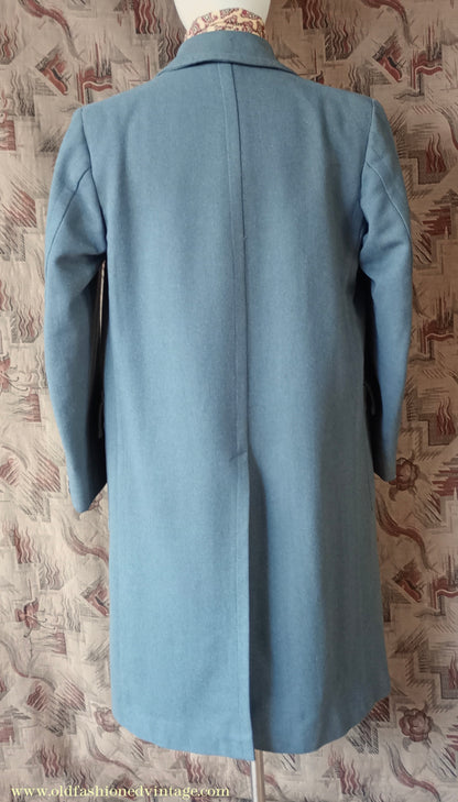 Vintage Mens 1940s 1950s Double Breasted Overcoat Coat Marled Sea Green Blue Wool DB 38"