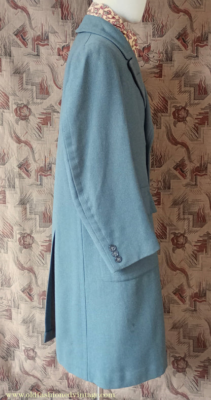 Vintage Mens 1940s 1950s Double Breasted Overcoat Coat Marled Sea Green Blue Wool DB 38"