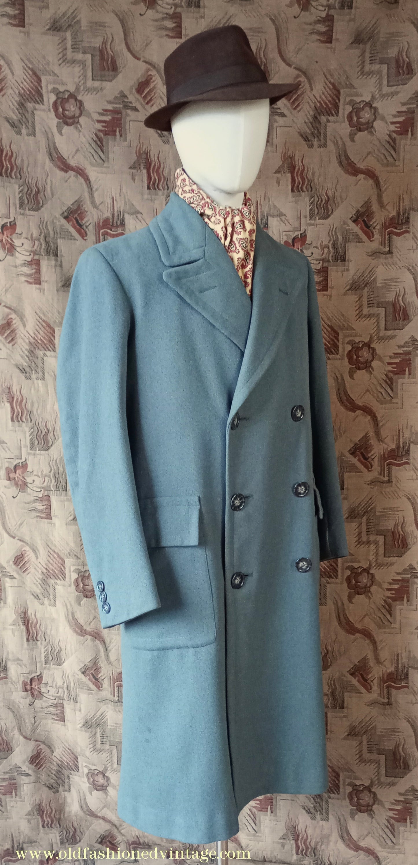 Vintage Mens 1940s 1950s Double Breasted Overcoat Coat Marled Sea Green Blue Wool DB 38"